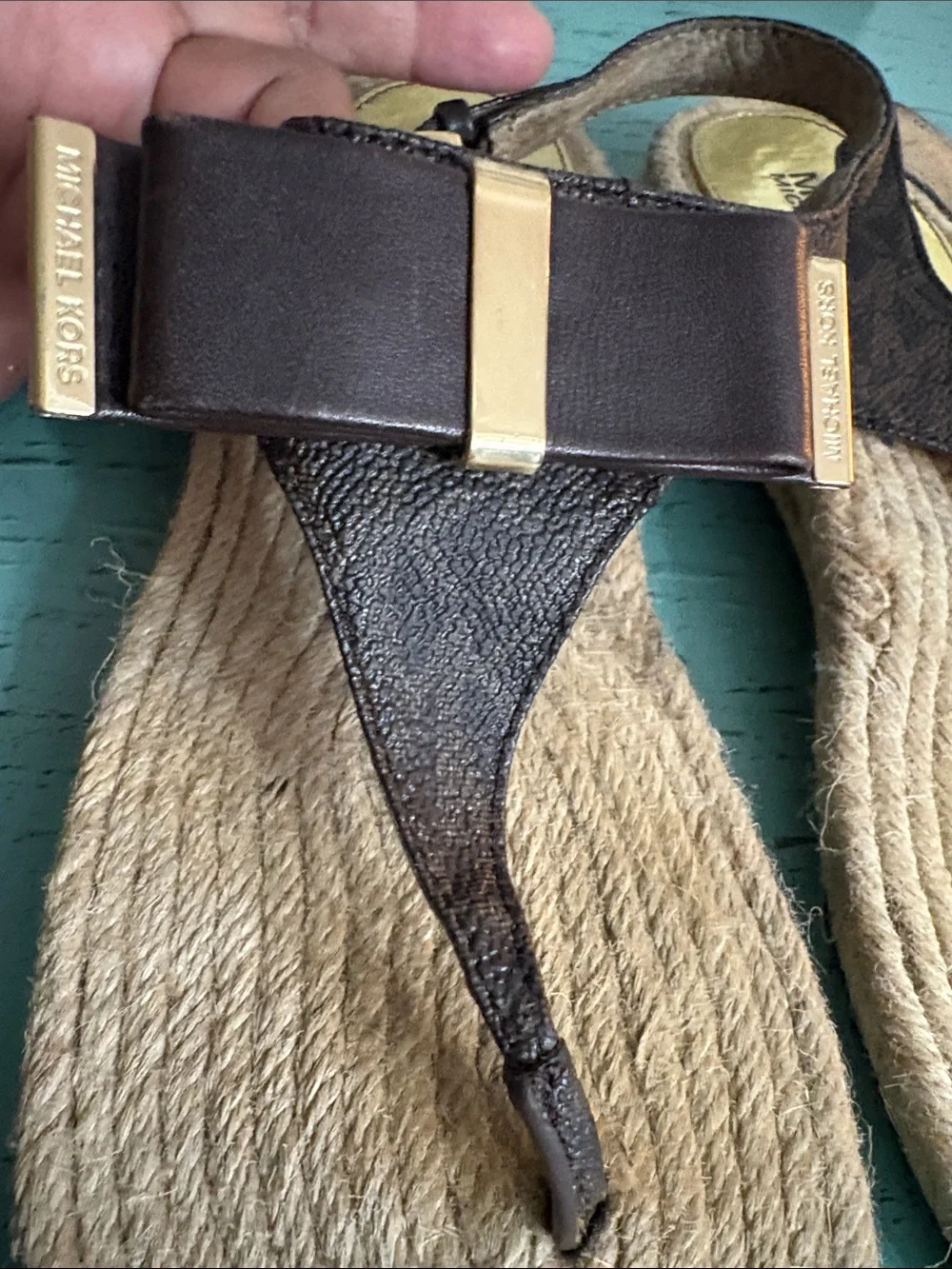 Michael Kors Brown and Gold Jute Thong Sandals